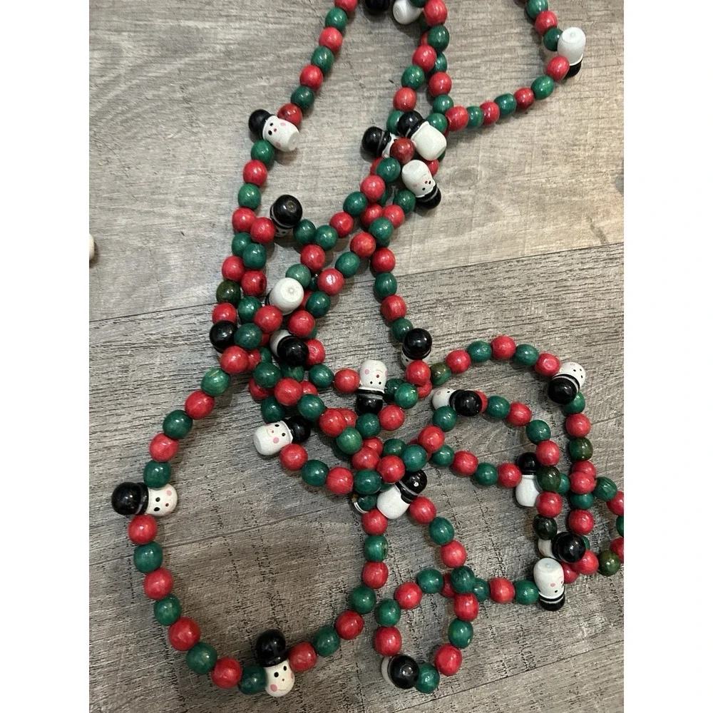 4 Garland Strands Red Green White Wood Wooden Beads‎ Christmas Snowman 102